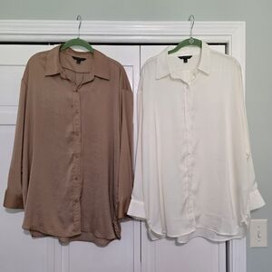 Banana Republic Factory Lot Of 2 Latte & Snow White Silky Button-up Tops Size L